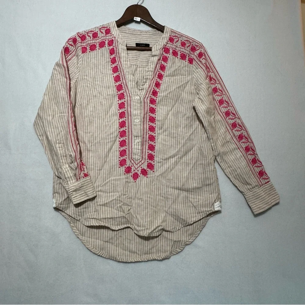 J.Crew Linen Striped Embroidered V-Neck Boho Tunic Top AM650 XS